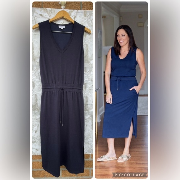 Evereve Elastic Waistband Drawstring Navy Blue Midi Dress size medium